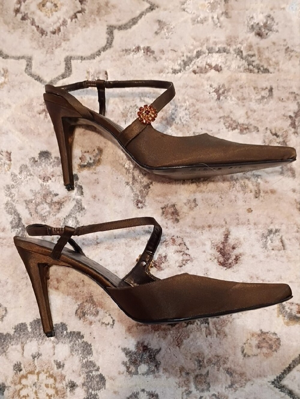 ANTONIO MELANI Brown Satin Pointed-Toe Slingback Heels with Decorative Button - Picture 5 of 7